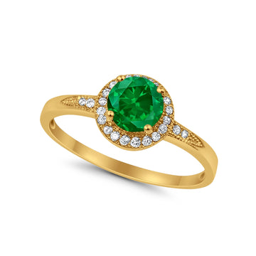 Halo Art Deco Engagement Ring Round Yellow Tone, Simulated Green Emerald CZ 925 Sterling Silver